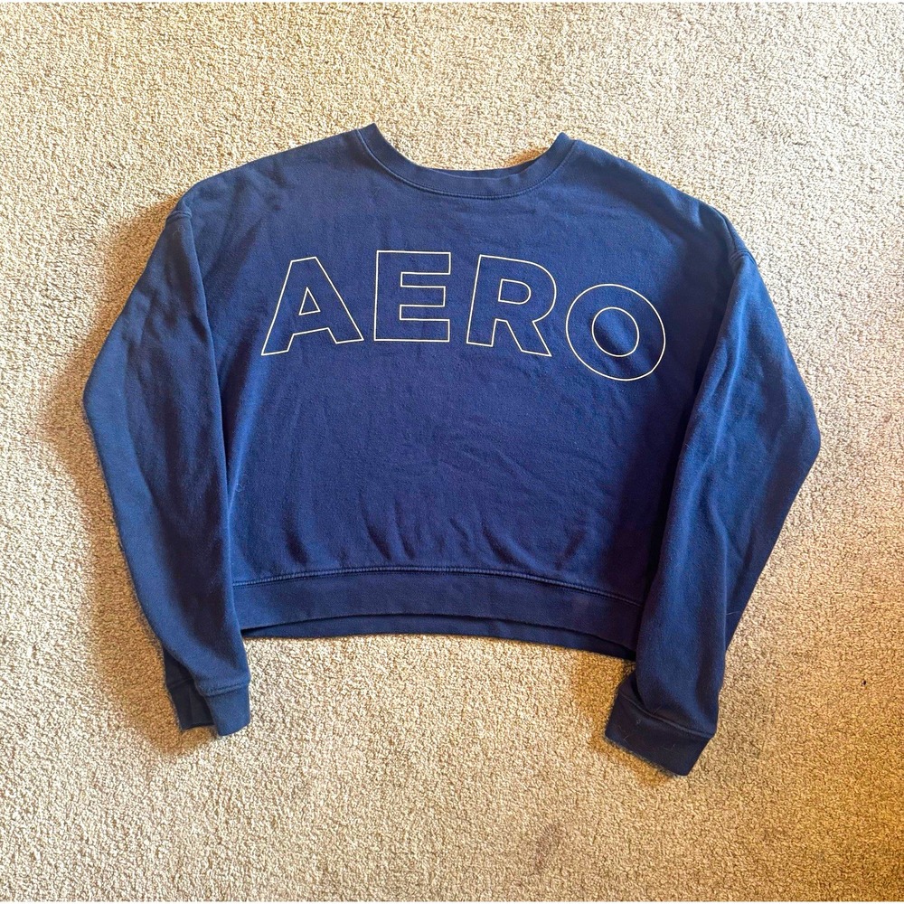 Aéropostale Women's S Blue CropPullover Sweatshirt Crew Neck Fleece Logo Graphic